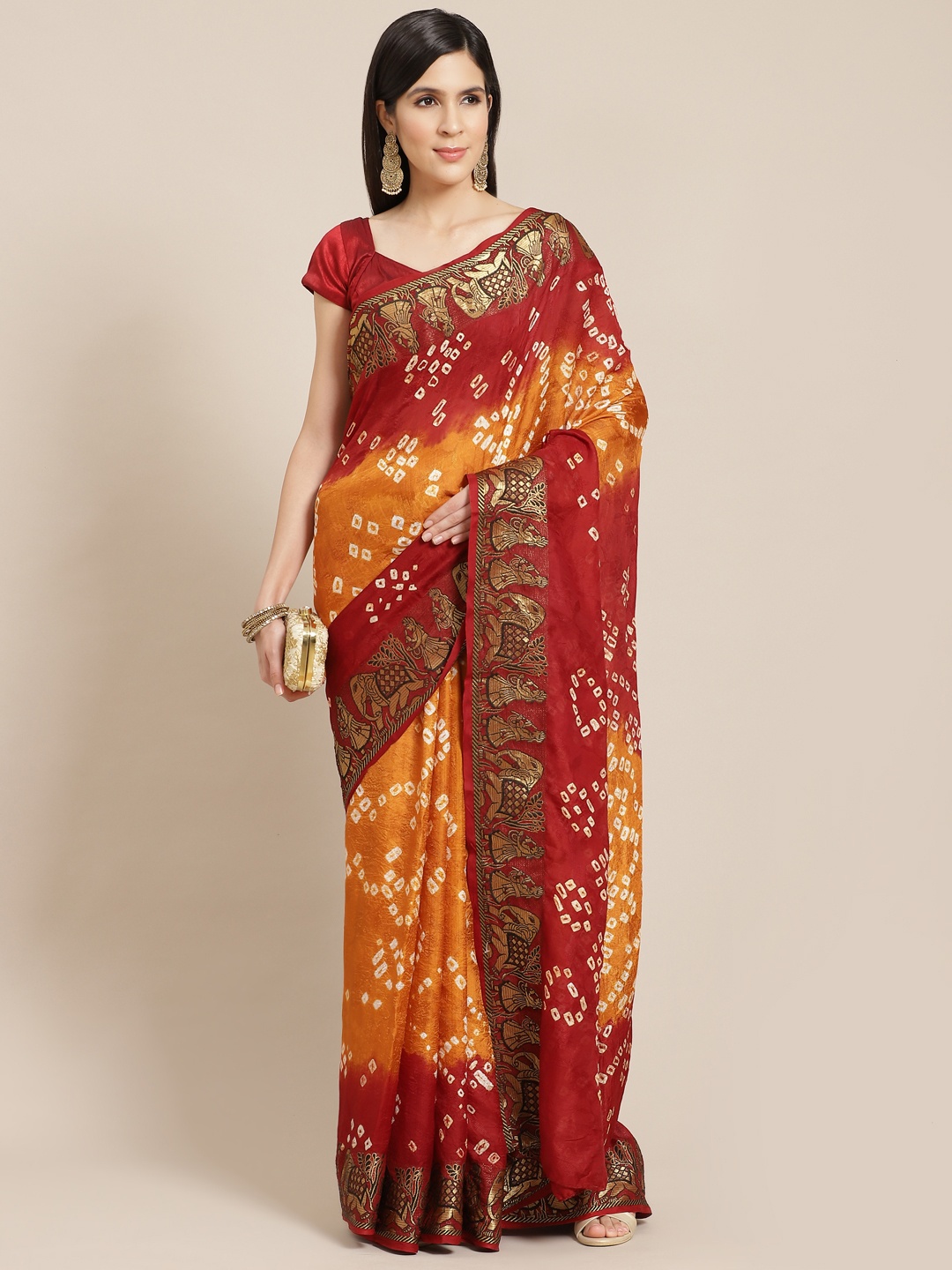 

Anouk Orange & Red Bandhani Printed Saree