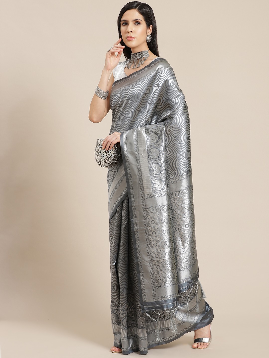 

Anouk Grey & Silver Geometric Woven Design Silk Blend Banarasi Saree