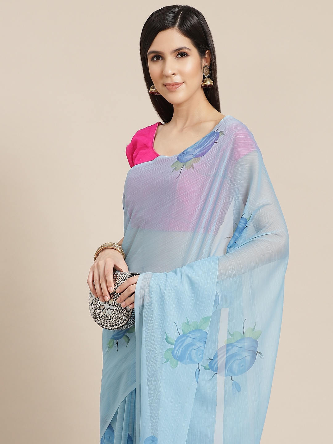 

Anouk Blue & Pink Floral Printed Saree