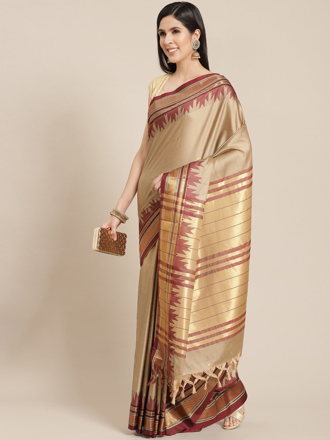 

Anouk Beige & Maroon Woven Design Banarasi Saree