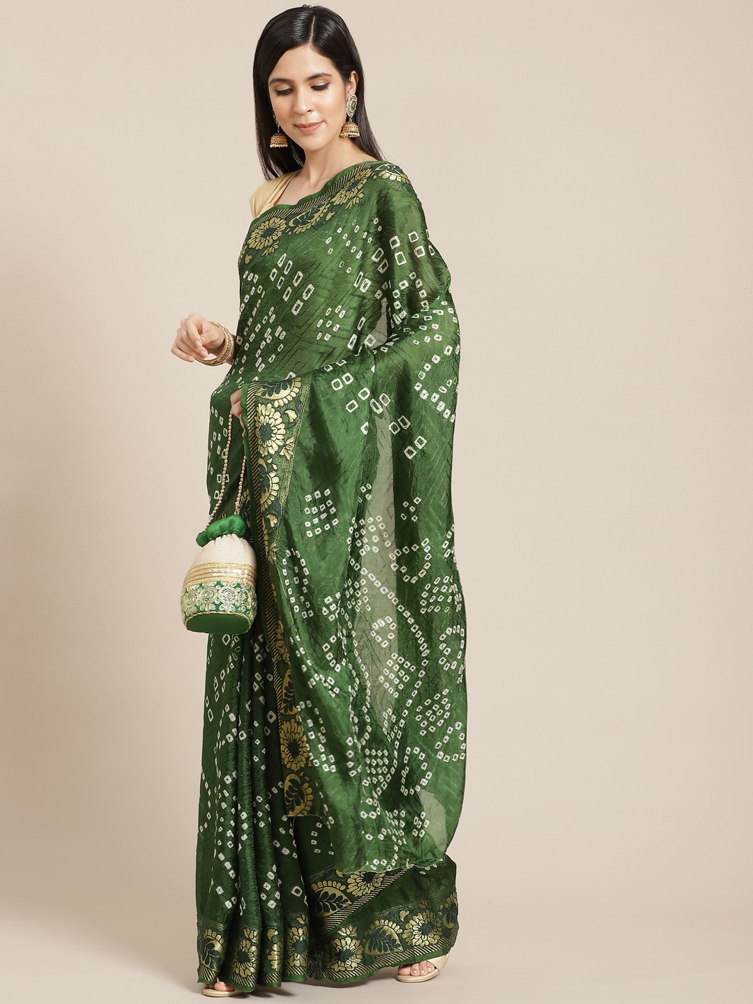 

Anouk Green & White Bandhani Printed Saree