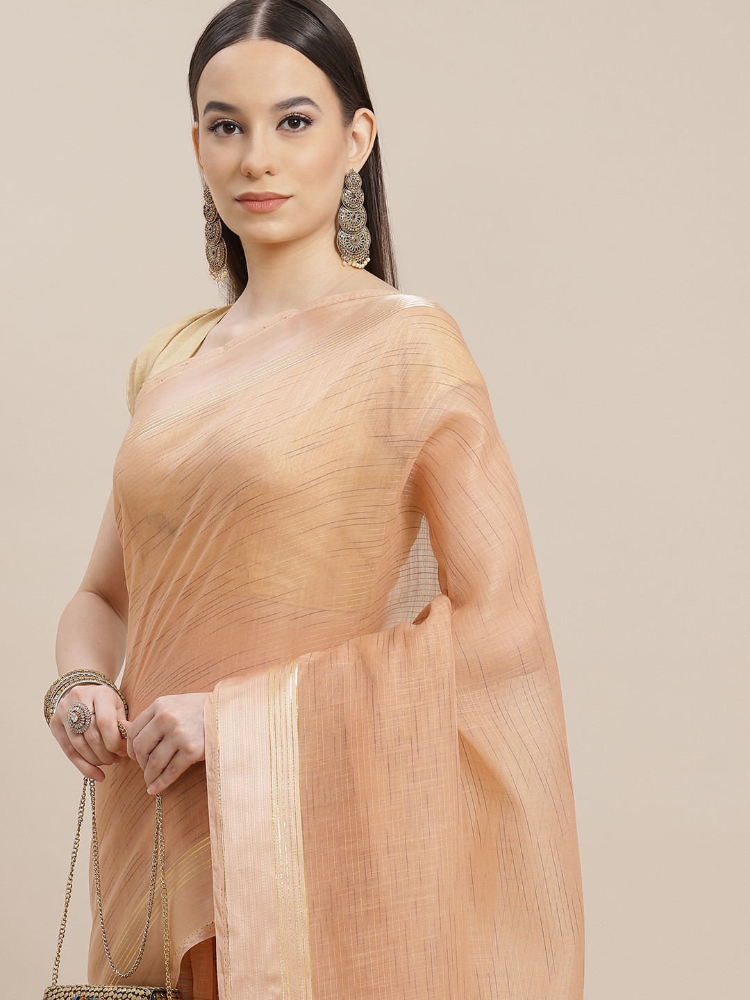 

Anouk Beige & Blue Striped Saree