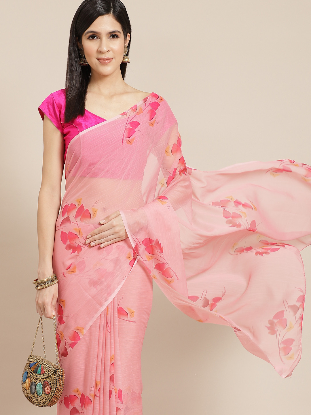 

Anouk Pink & Mustard Yellow Floral Printed Saree
