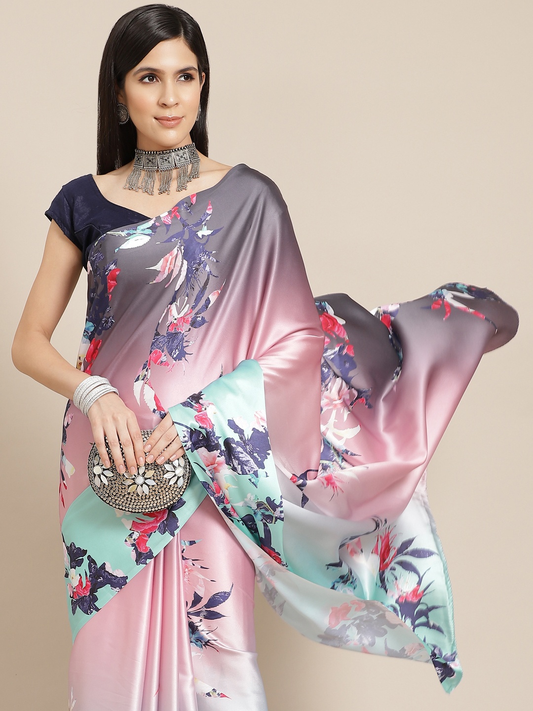 

Anouk Pink & Blue Floral Printed Satin Saree