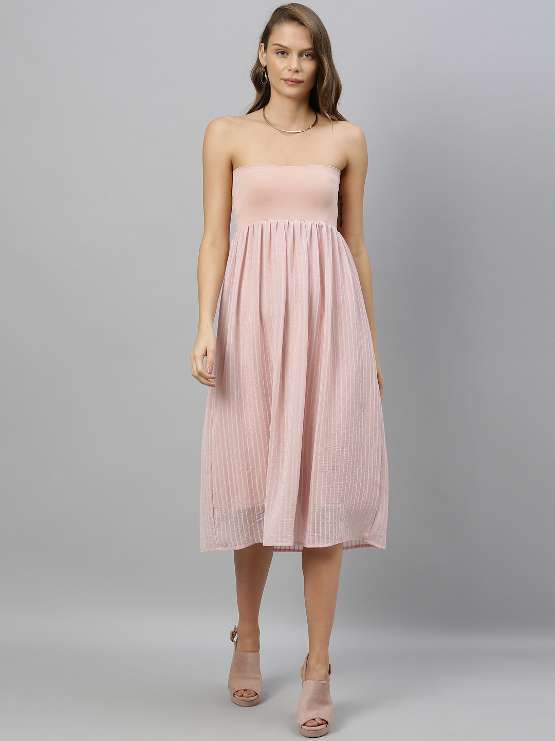 

RAREISM Women Pink & White Striped Chiffon Fit & Flare Midi Dress