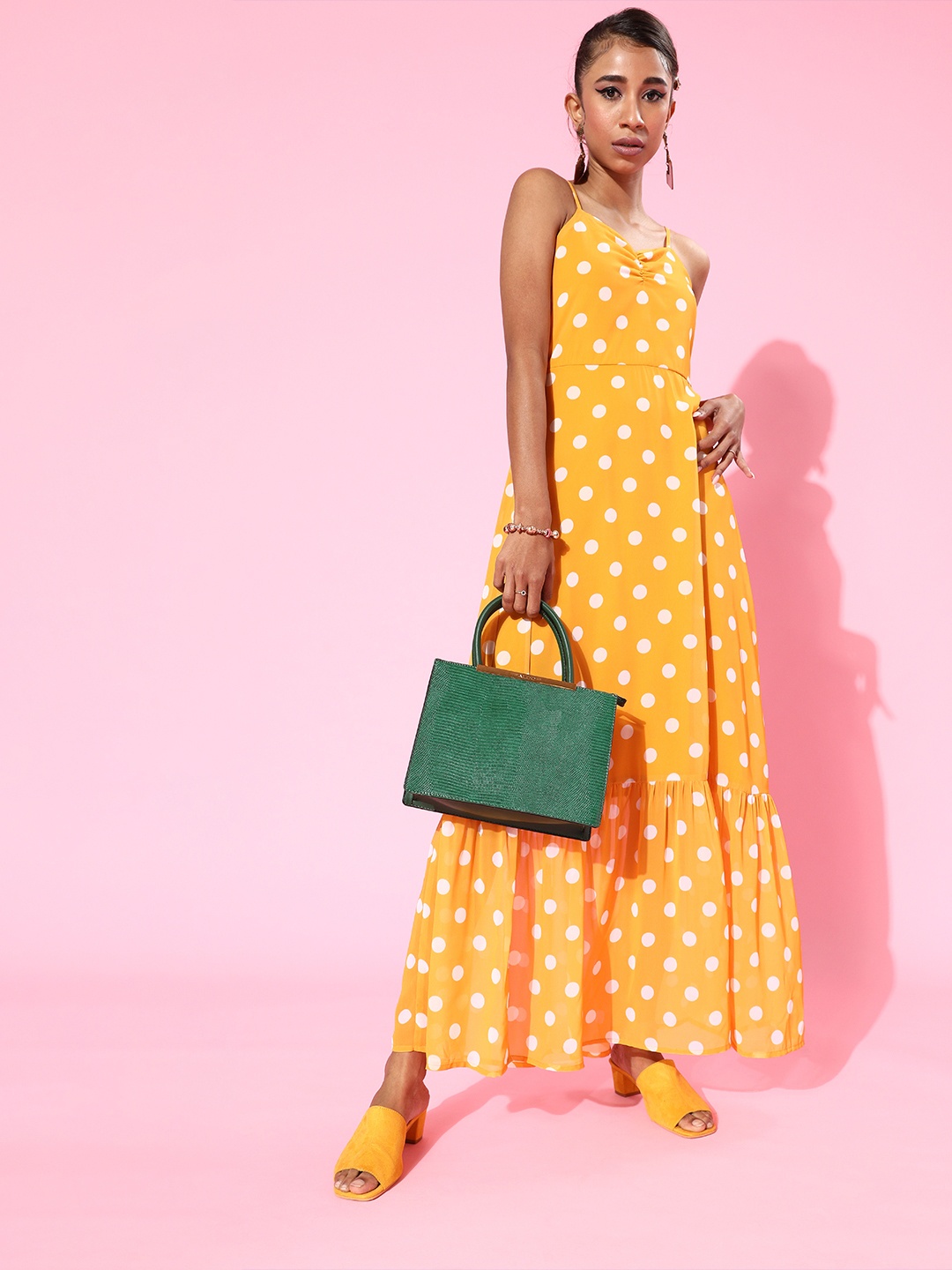 

SASSAFRAS Women Mustard Polka Dotted Tiered Dress