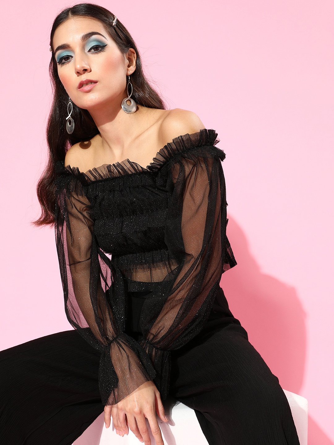 

SASSAFRAS Women Stylish Black Shimmer Top