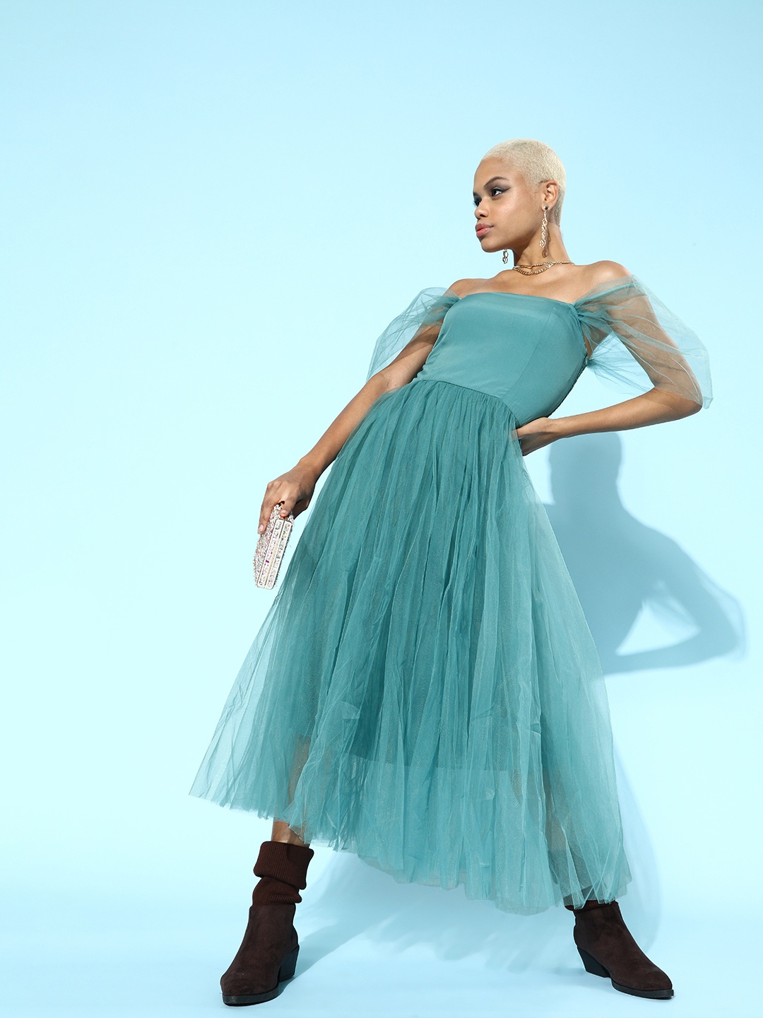 

SASSAFRAS Women Tranquil Teal Solid Tulle Dress