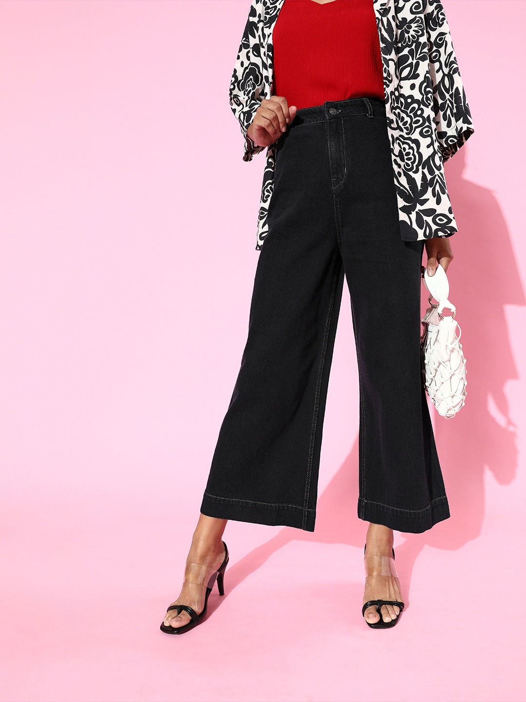 

SASSAFRAS Women Black Wide Leg High-Rise Jeans
