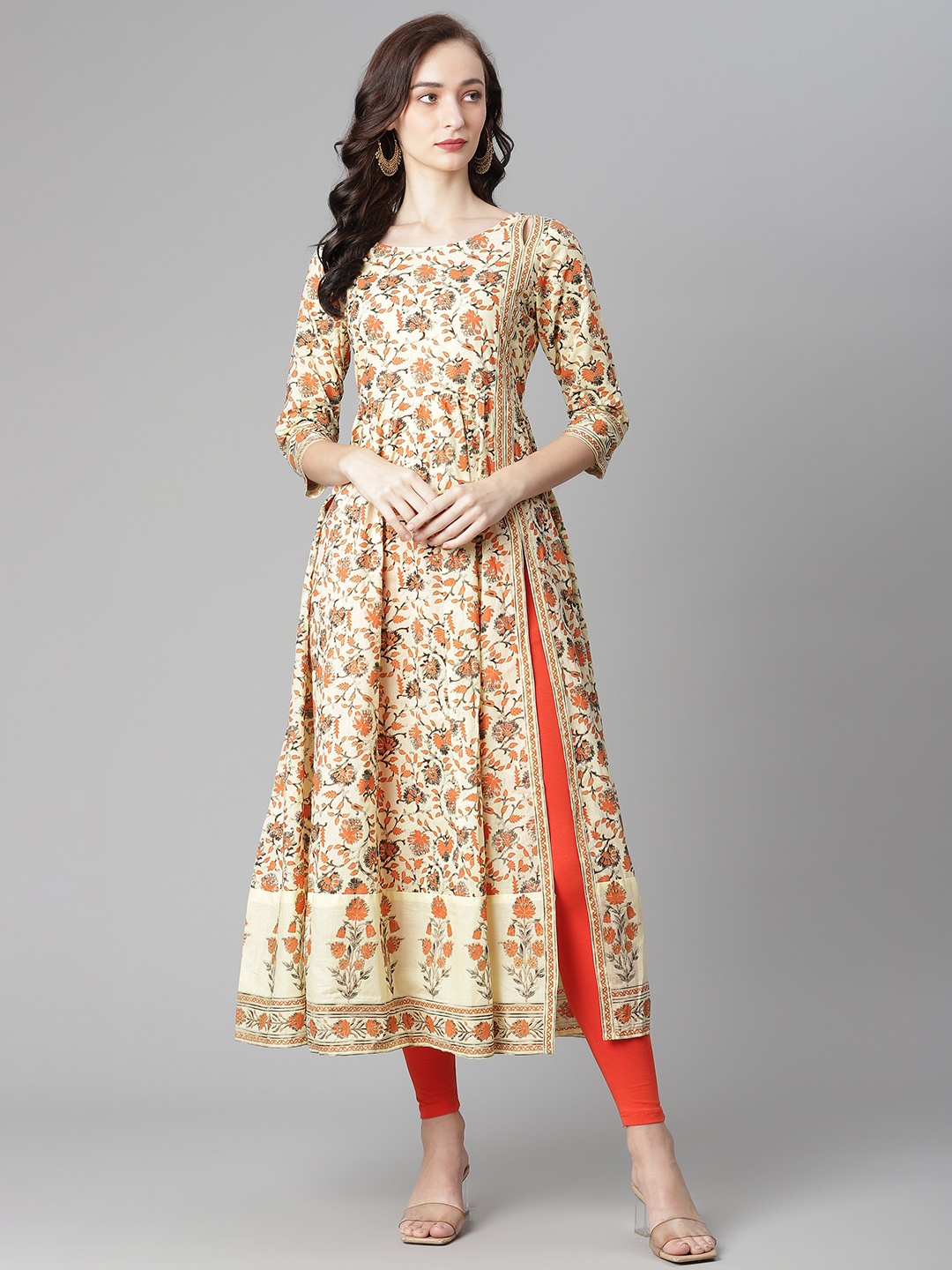 

Poshak Hub Women Cream-Coloured & Orange Printed Pure Cotton Anarkali Kurta with Churidar