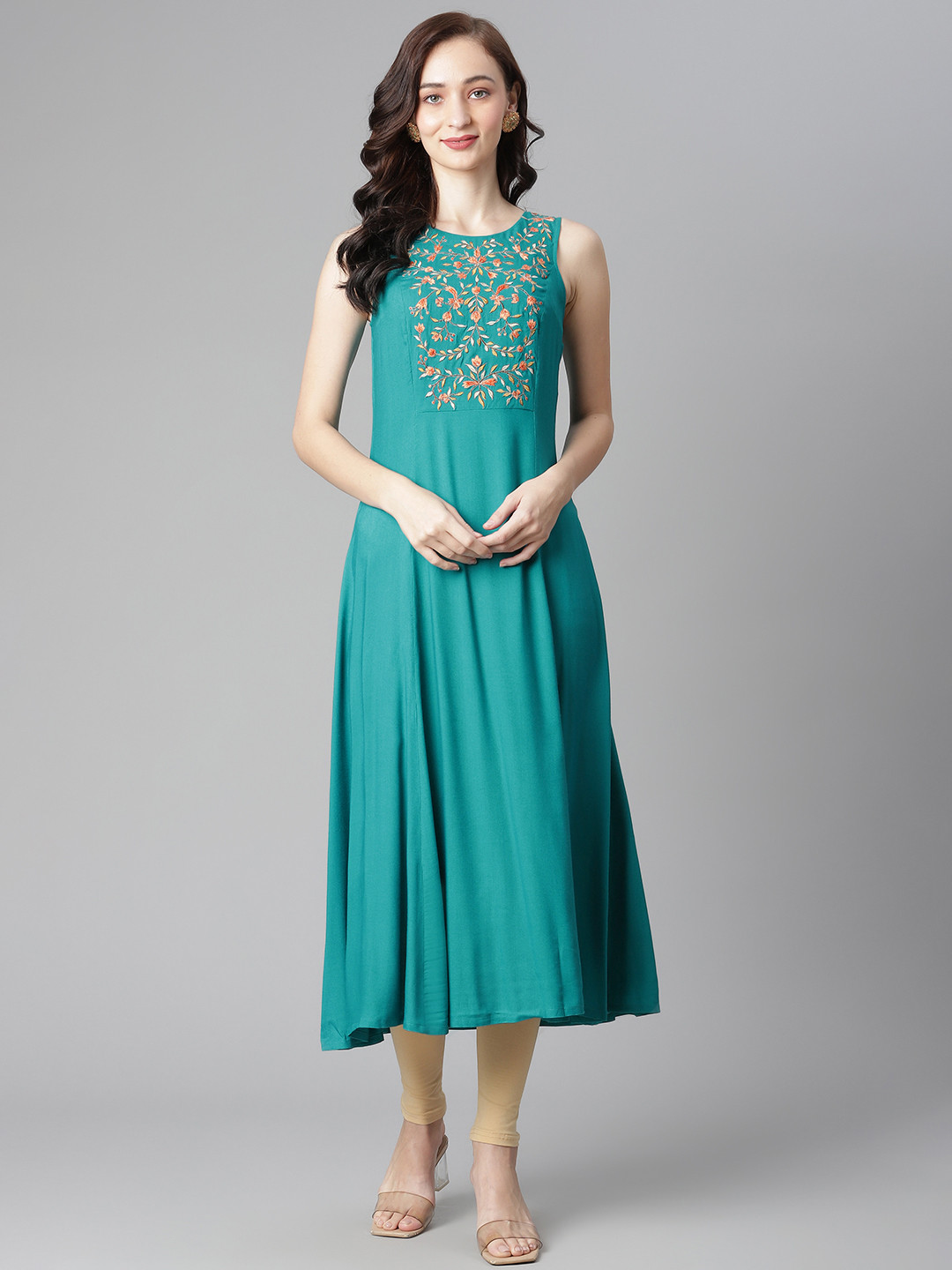 

Poshak Hub Women Turquoise Blue & Pink Yoke Design Kurta