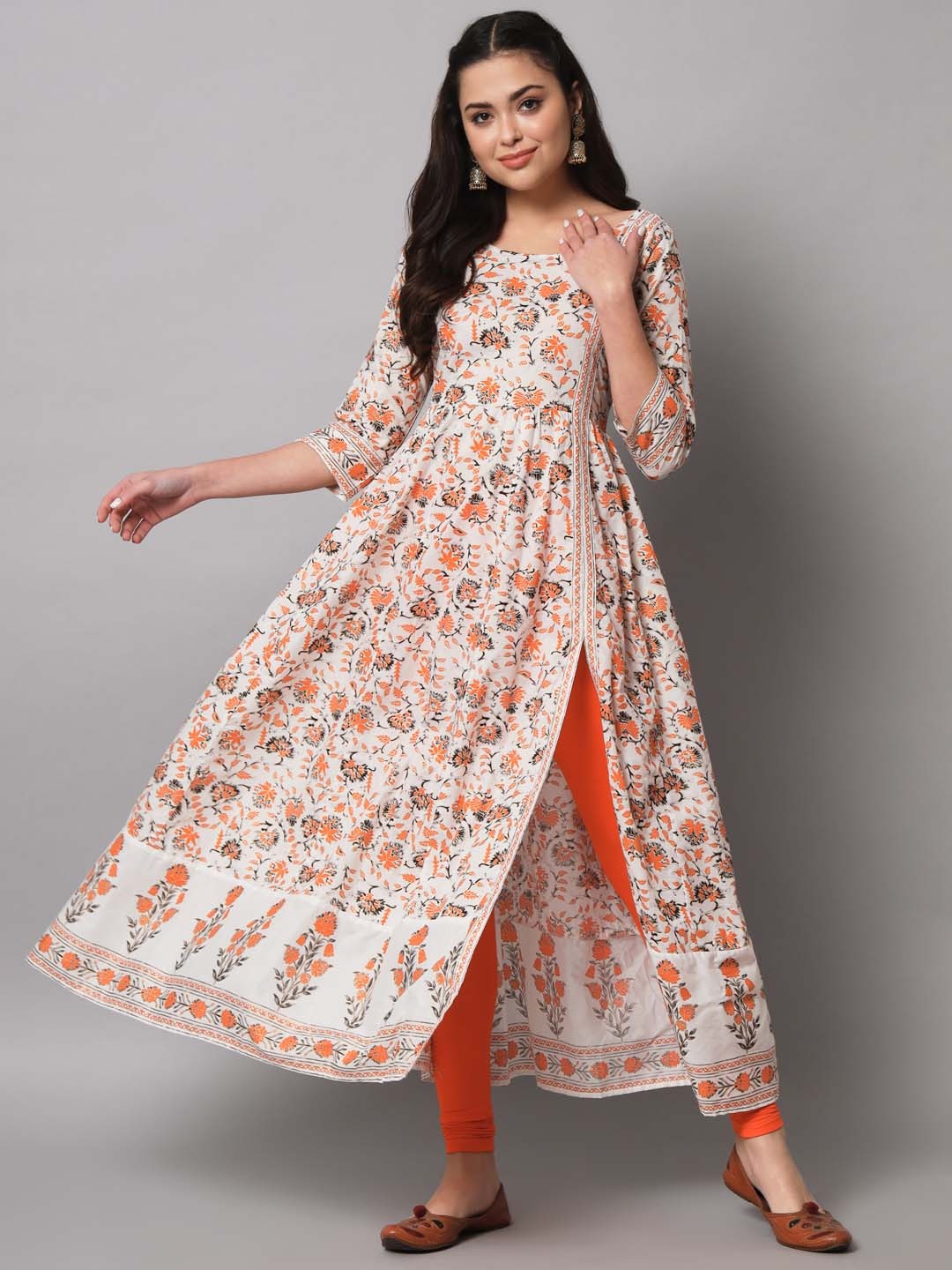 

Poshak Hub Women White & Orange Printed Pure Cotton Anarkali Kurta with Churidar