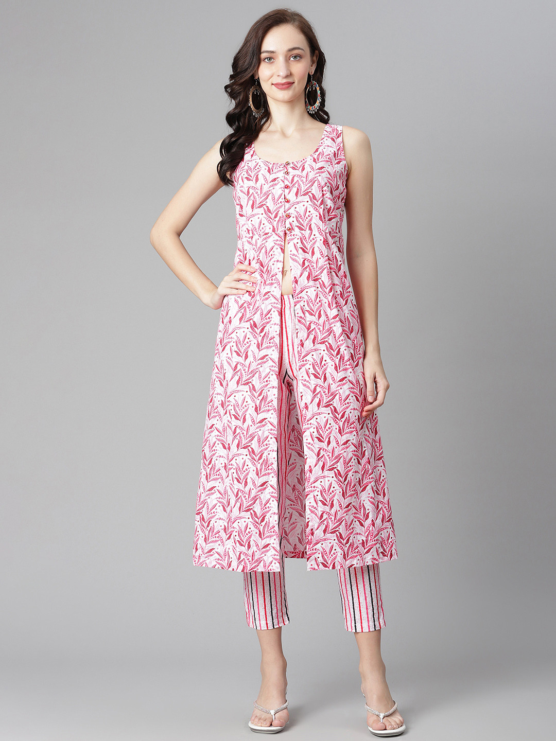 

Poshak Hub Women Pink Printed Front Slit Regular Pure Cotton Kurta with Trousers