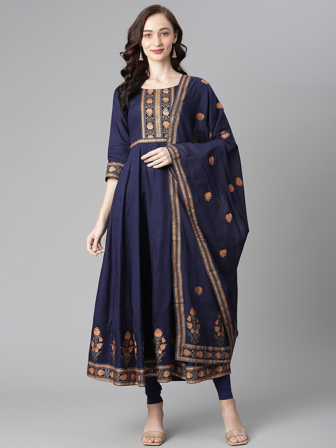 

Poshak Hub Women Navy Blue & Orange Ethnic Print Pure Cotton Kurta with Churidar & Dupatta