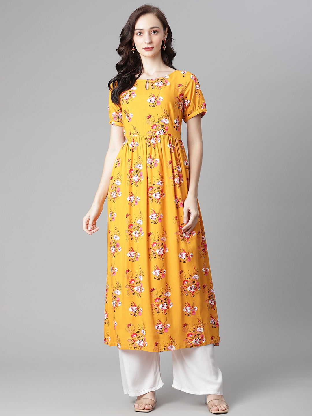 

Poshak Hub Women Mustard Yellow & White Floral Printed Keyhole Neck Floral Kurta