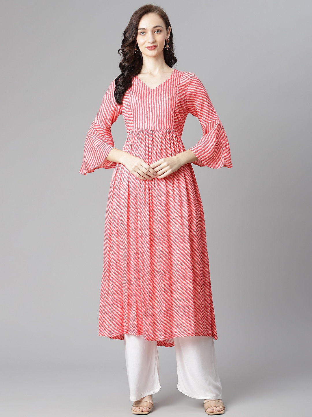 

Poshak Hub Women Pink & Off White Leheriya Print Bell Sleeves A-Line Kurta