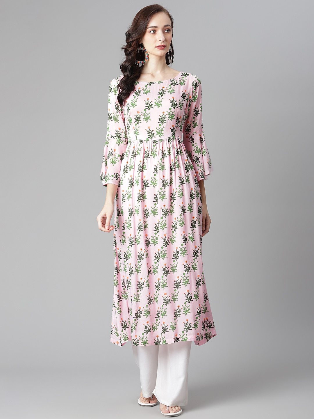 

Poshak Hub Women Pink & Green Ethnic Motifs Printed Bell Sleeves A-Line Kurta