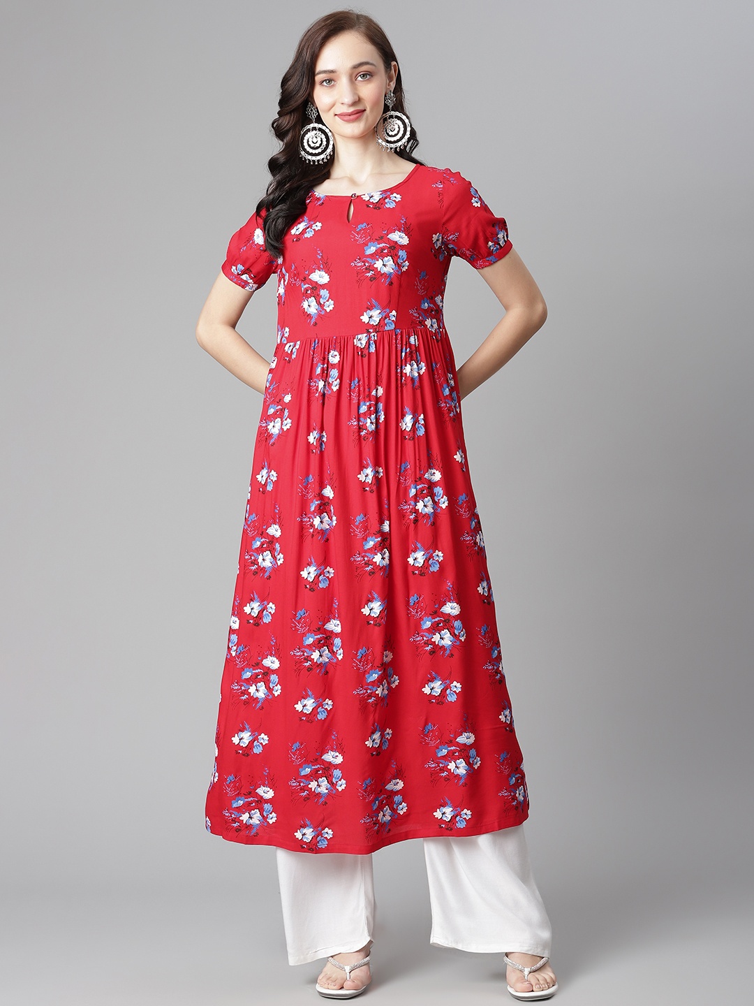 

Poshak Hub Women Red & Blue Ethnic Motifs Printed Keyhole Neck Kurta