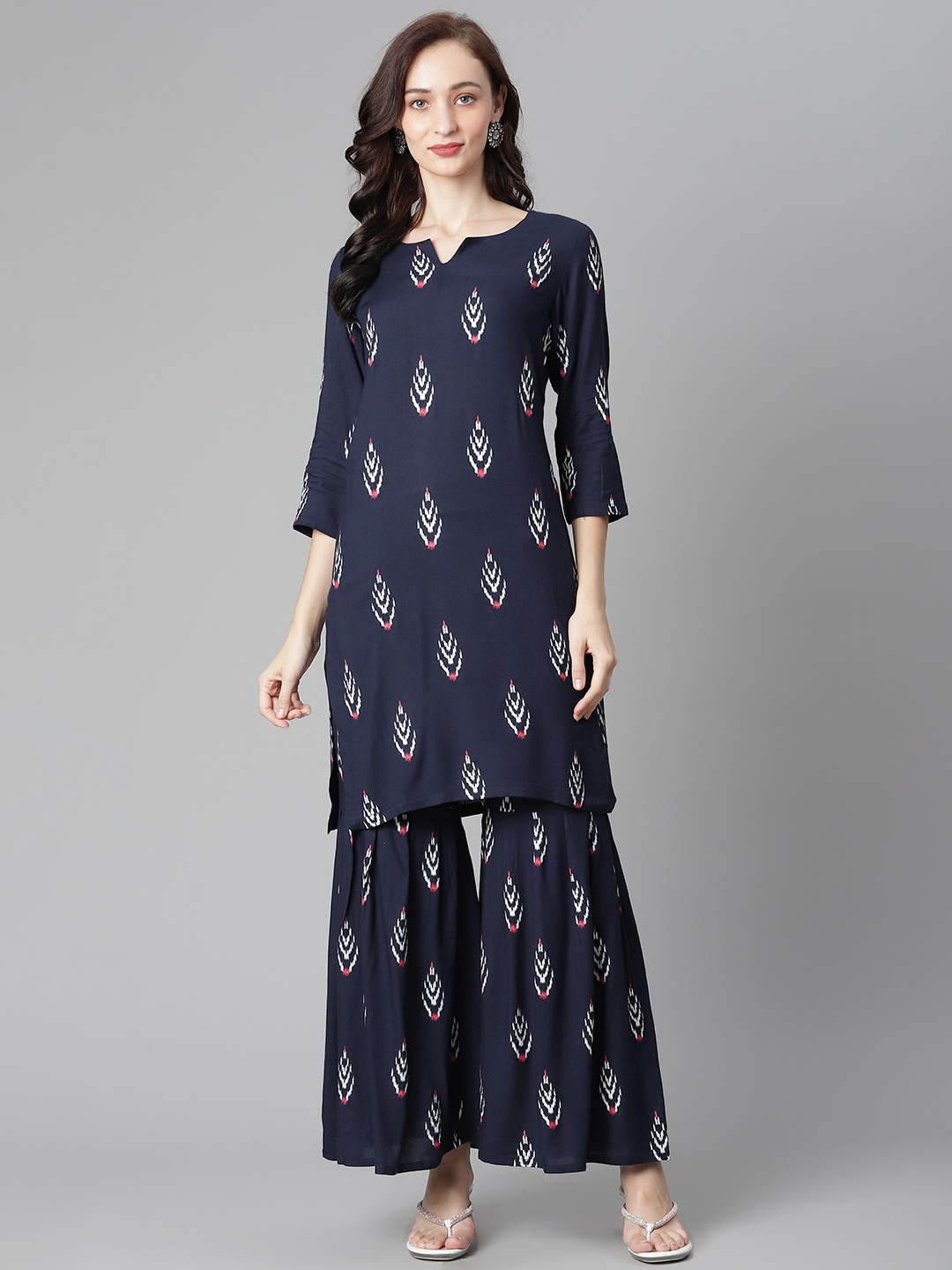 

Poshak Hub Women Navy Blue Ethnic Motifs Printed Regular Kurta with Sharara