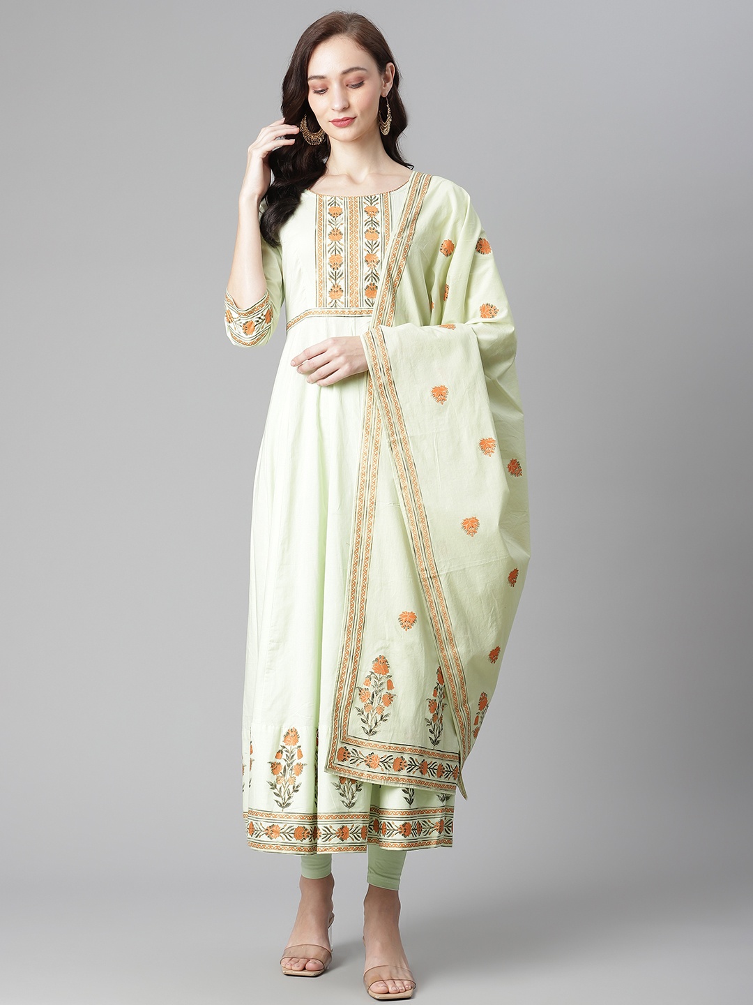 

Poshak Hub Women Sea Green Ethnic Motifs Yoke Design Regular Pure Cotton Kurta with Churidar & With Dupatta