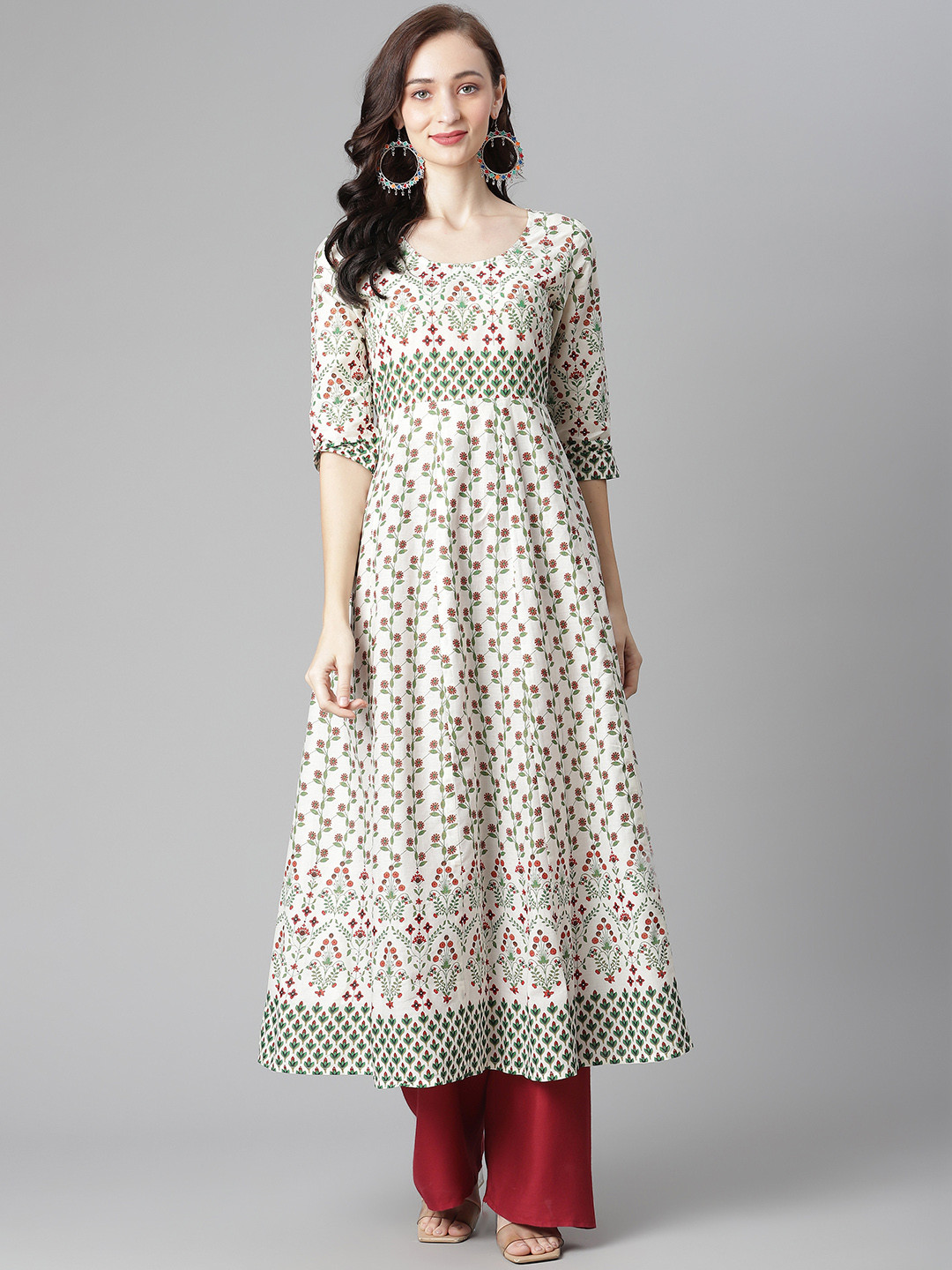 

Poshak Hub Women Off White & Red Ethnic Motifs Printed Pure Cotton Kurta