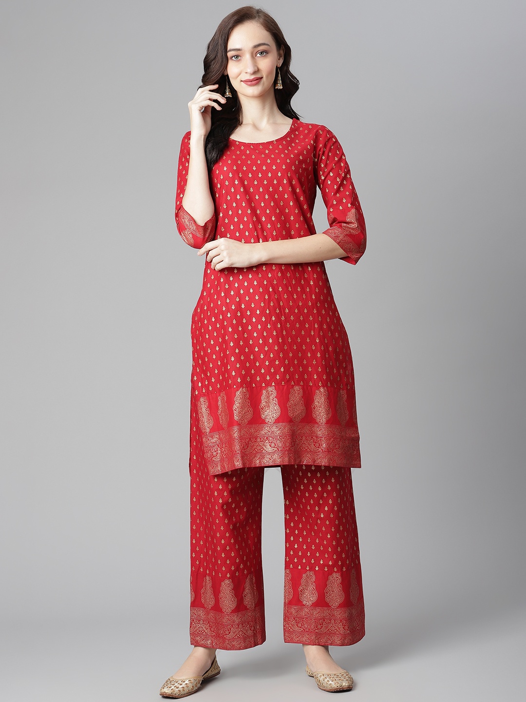 

Poshak Hub Women Red & Golden Ethnic Motifs Printed Regular Pure Cotton Kurta & Palazzos