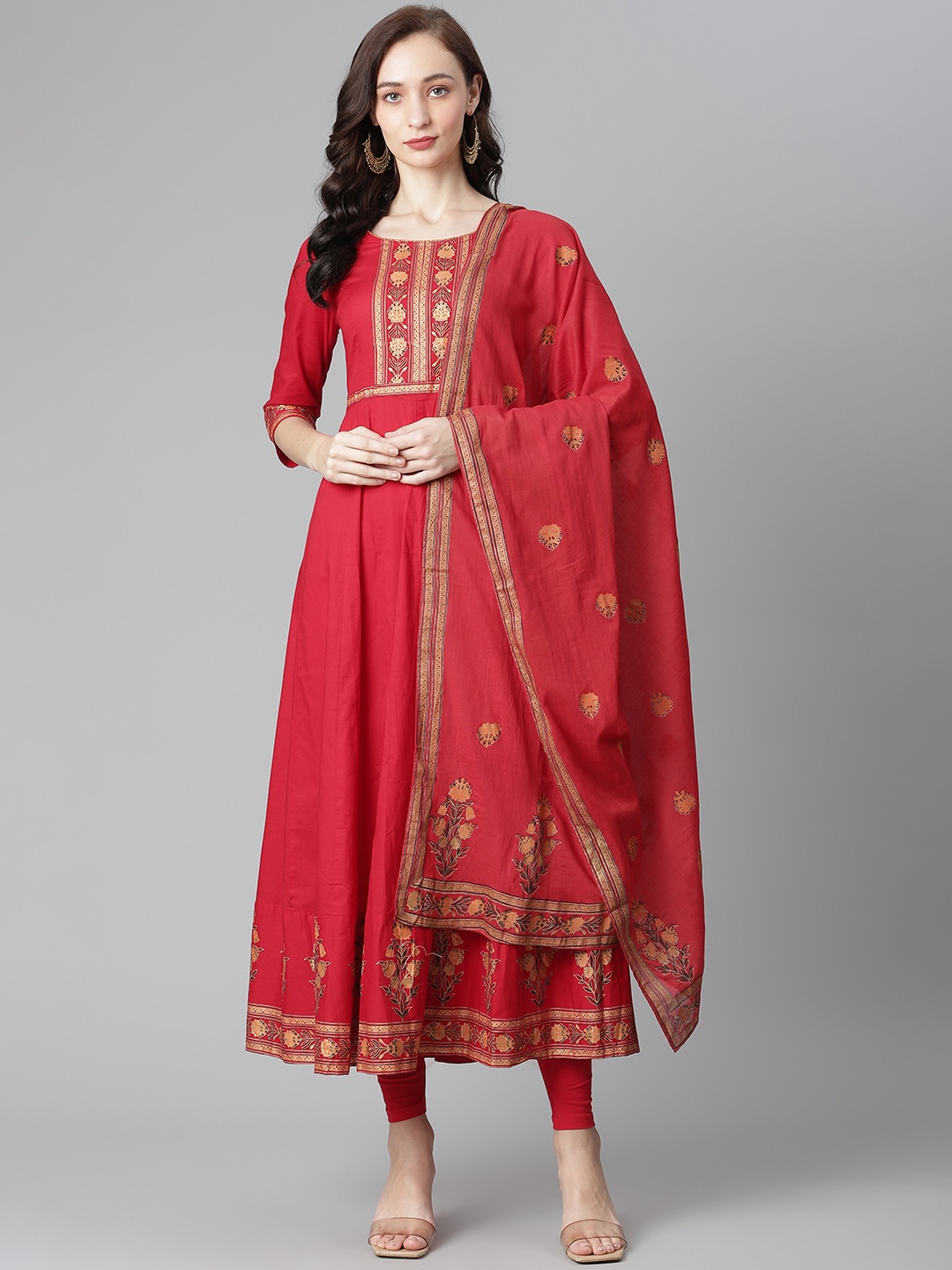 

Poshak Hub Women Red & Golden Yoke Design Pure Cotton Kurta with Leggings & Dupatta