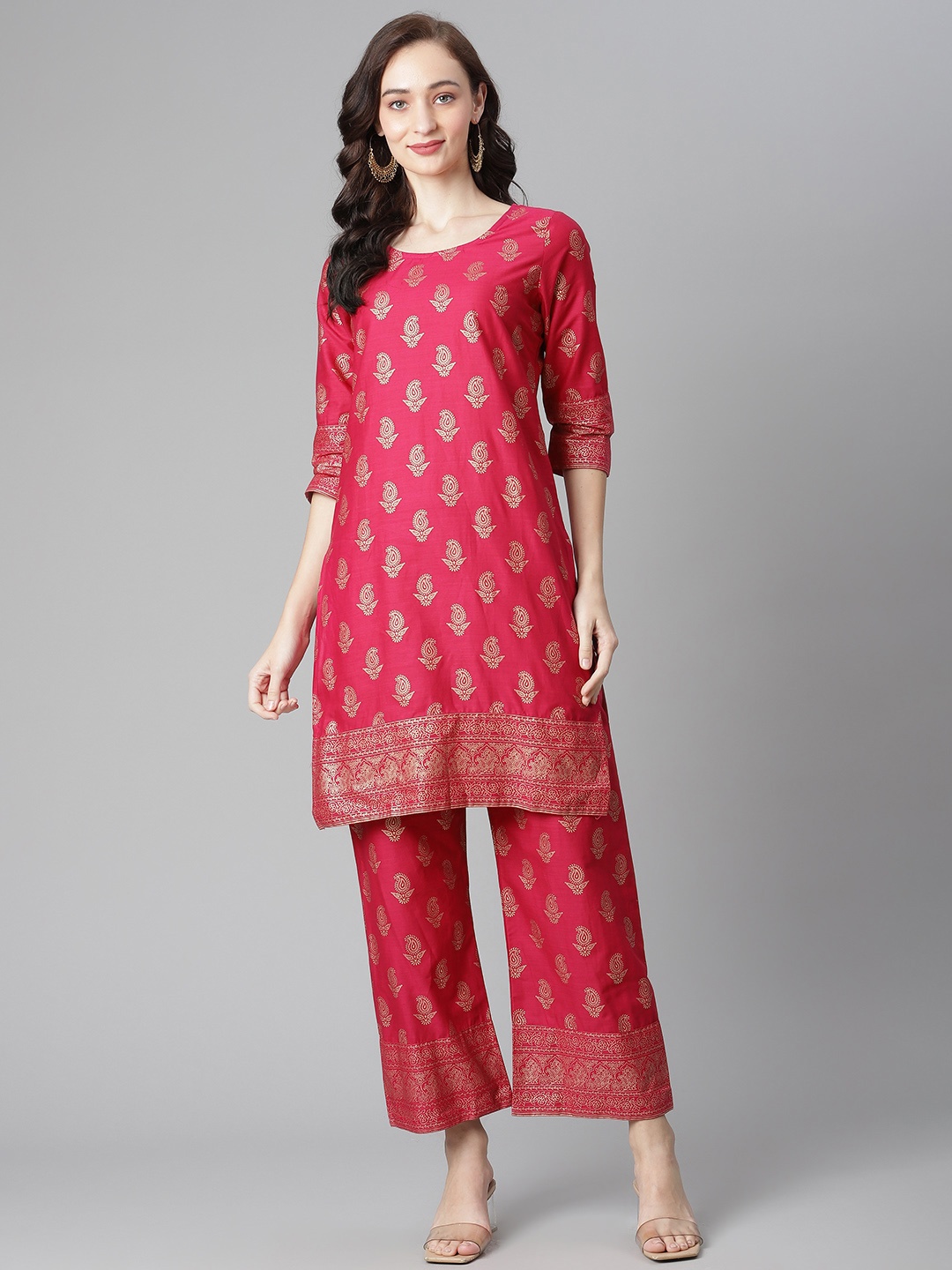 

Poshak Hub Women Pink & Golden Printed Pure Cotton Kurta with Palazzos