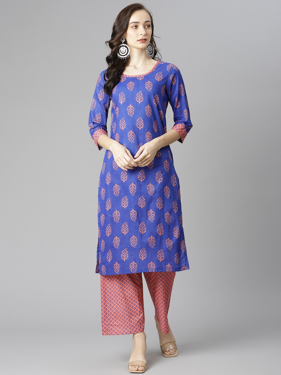 

Poshak Hub Women Blue & Pink Ethnic Motifs Printed Pure Cotton Kurta with Palazzos
