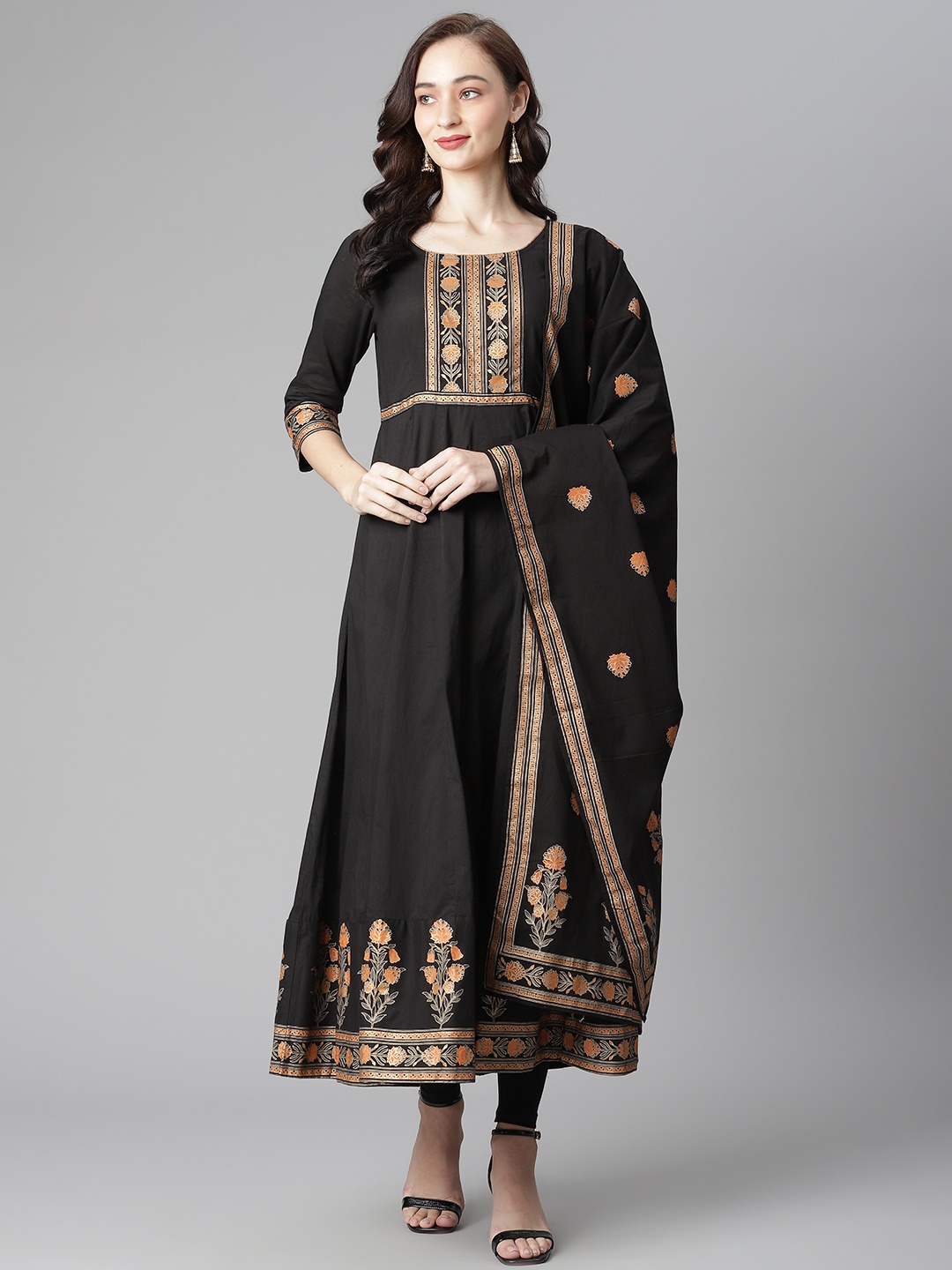 

Poshak Hub Women Black Yoke Design Pure Cotton Kurta with Leggings & Dupatta