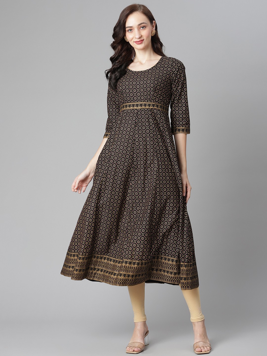 

Poshak Hub Women Black & Golden Pure Cotton Ethnic Motifs Printed A-Line Kurta