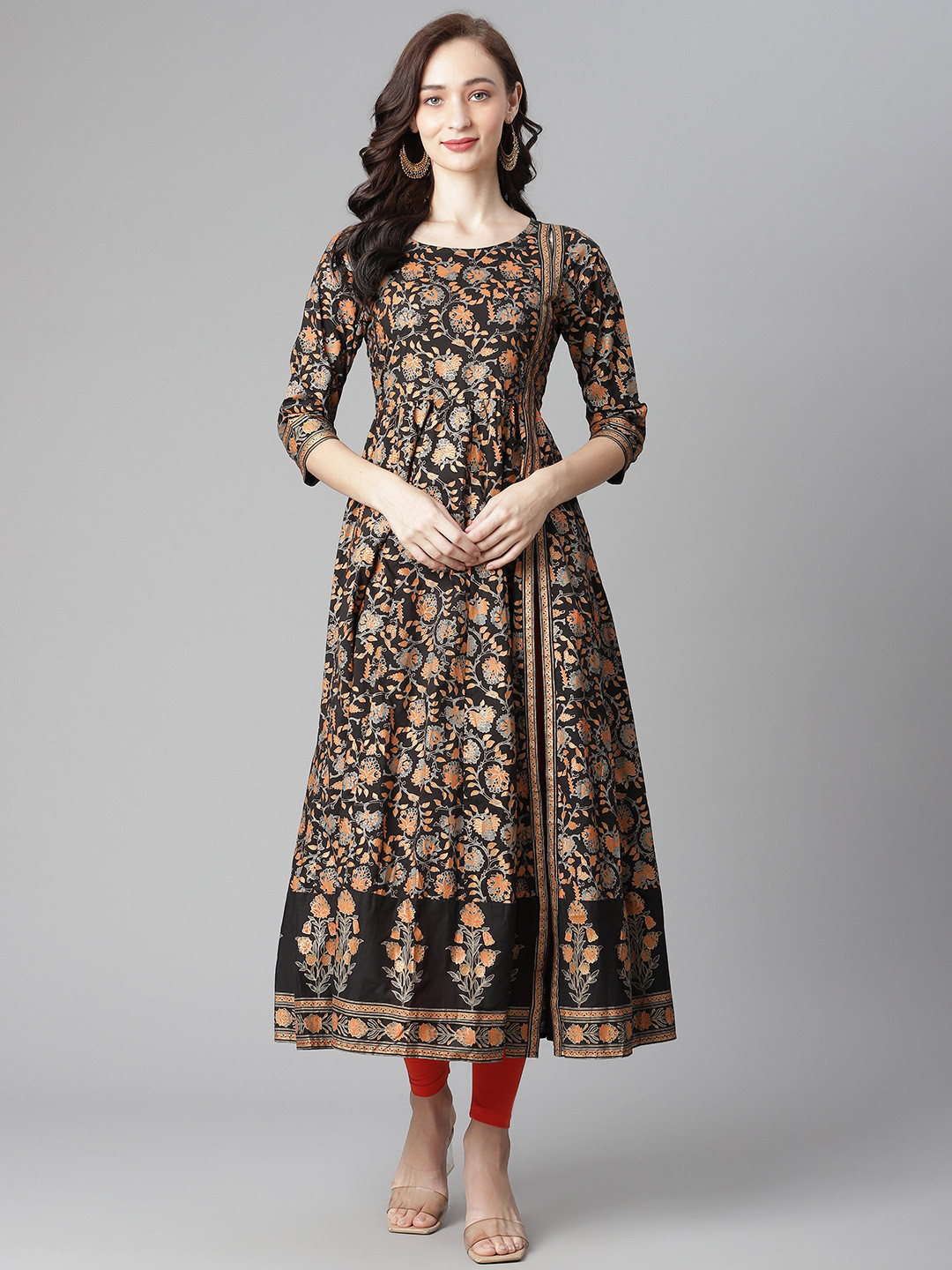 

Poshak Hub Women Black Ethnic Motifs Printed Regular Pure Cotton Kurta with Churidar