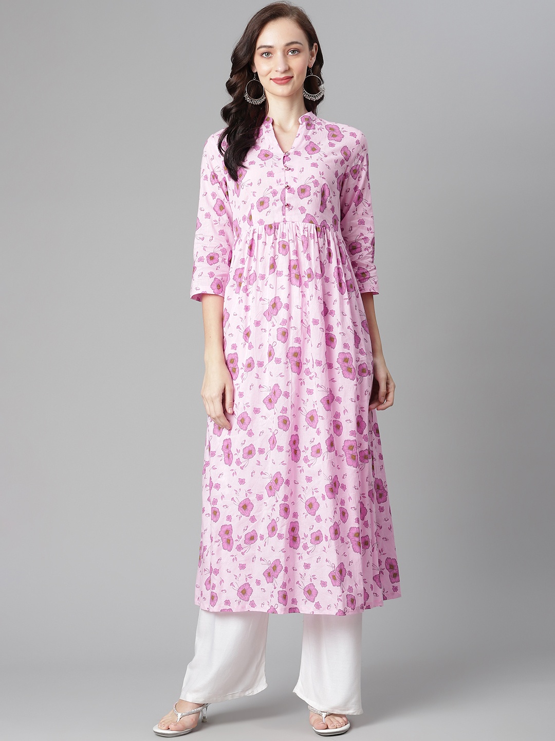 

Poshak Hub Women Pink & Green Floral Printed Floral Pure Cotton Kurta