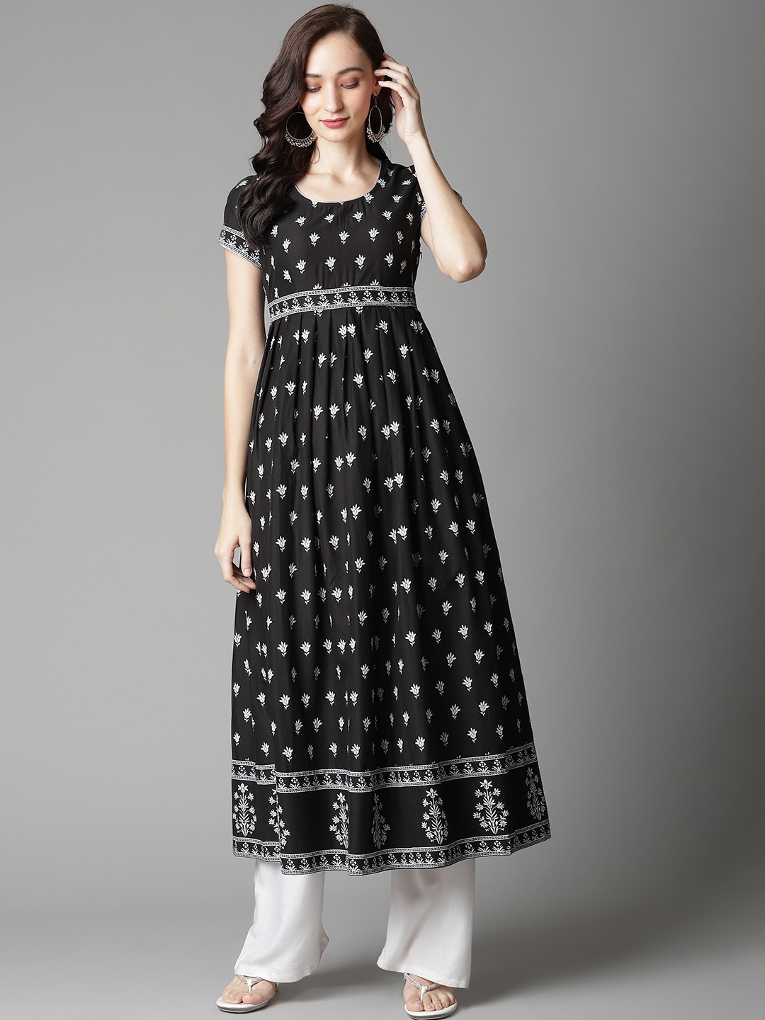 

Poshak Hub Women Black & White Ethnic Motifs Printed Khari Print Cotton Anarkali Kurta
