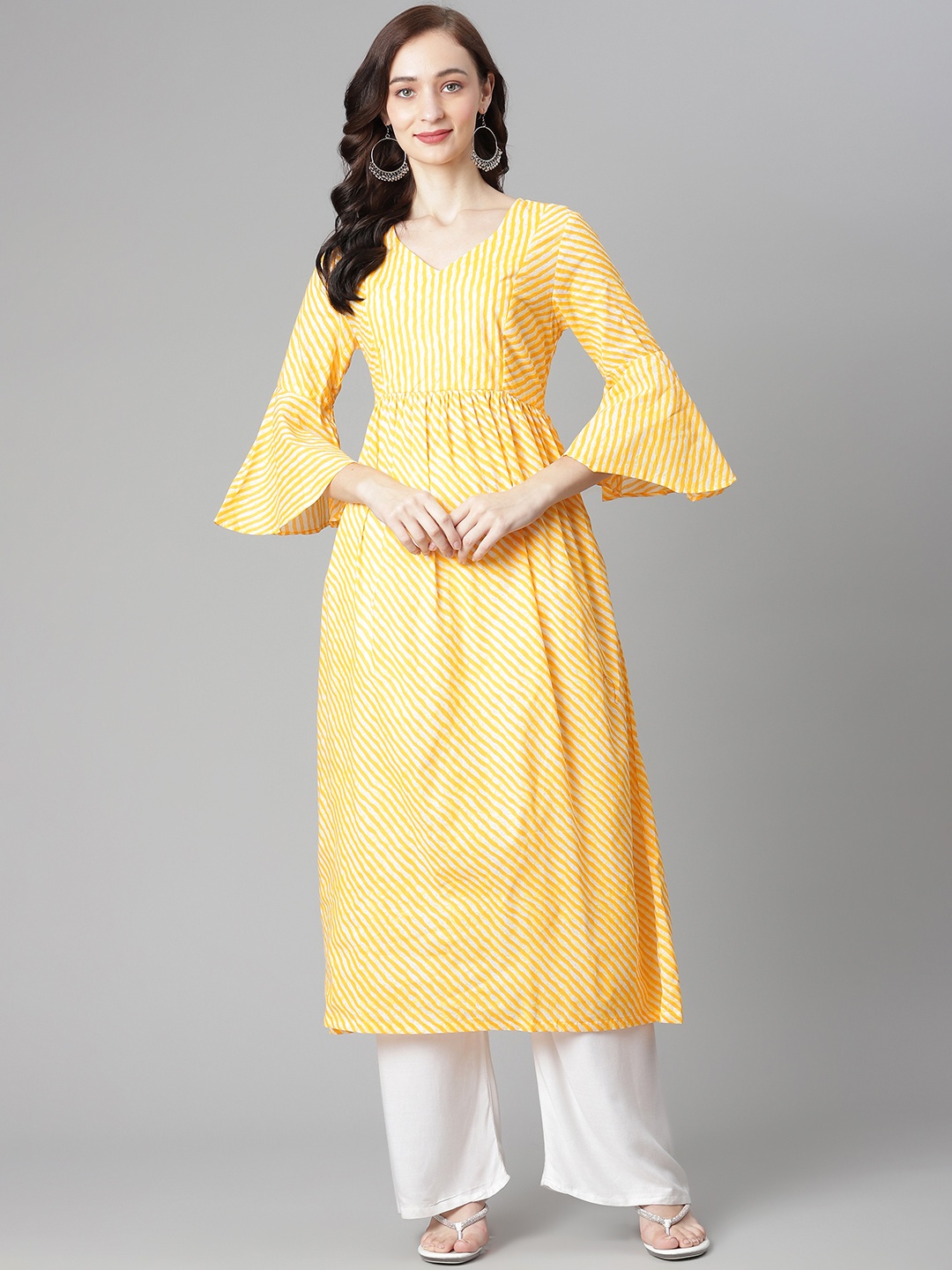 

Poshak Hub Women Yellow & White Leheriya Print Cotton Anarkali Kurta