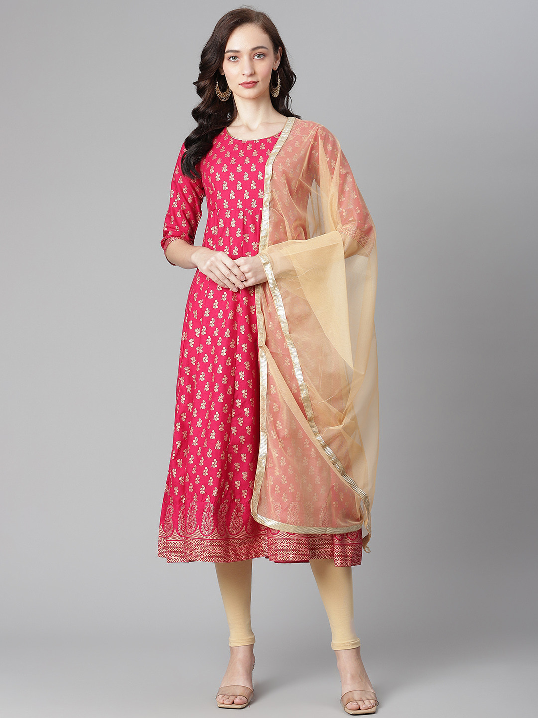 

Poshak Hub Women Pink Ethnic Motifs Printed Panelled Pure Cotton Kurta with Churidar & With Dupatta