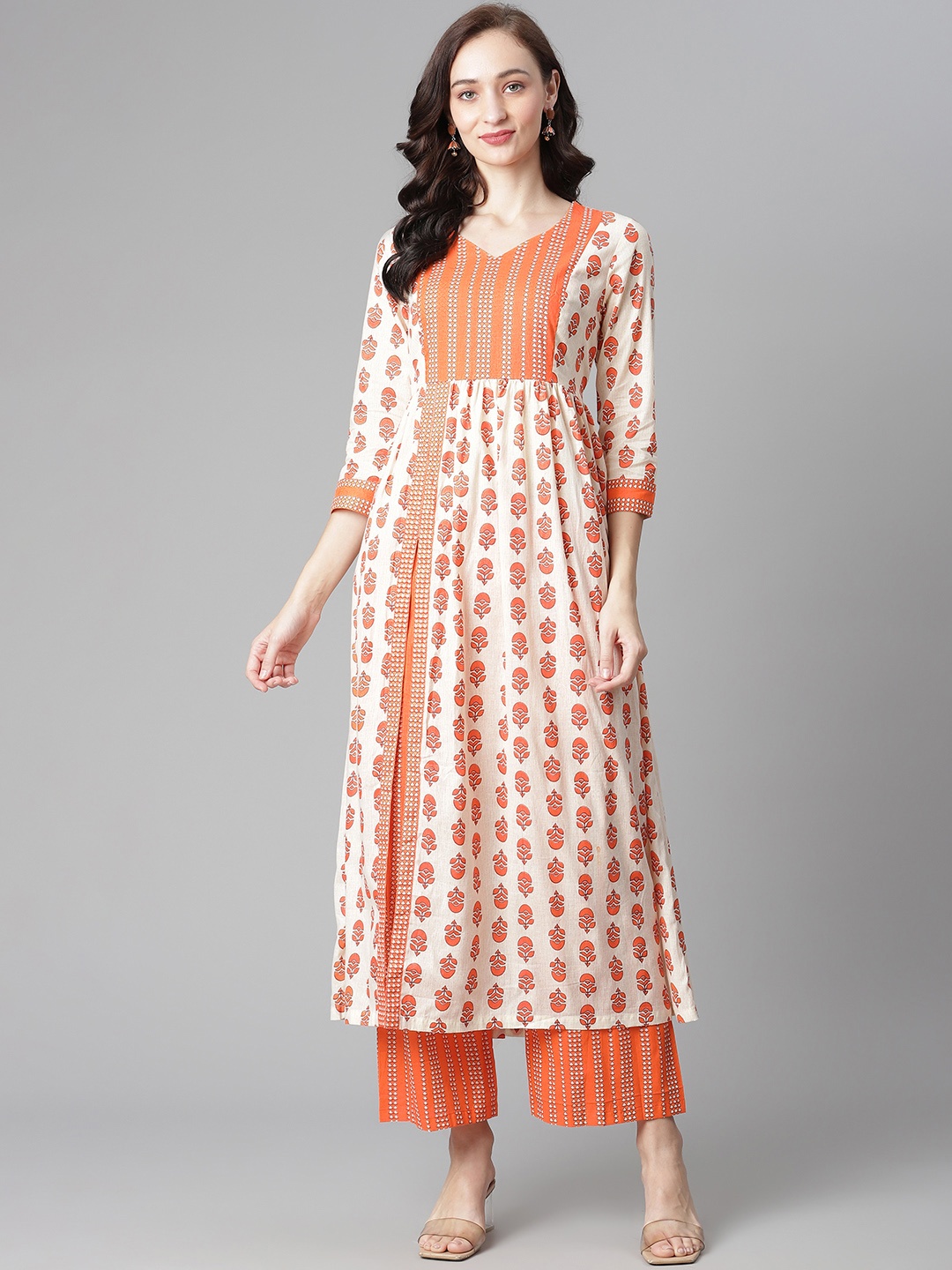 

Poshak Hub Women White & Orange Printed Kurta with Palazzos, Off white