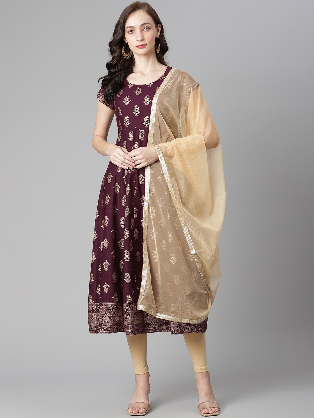 

Poshak Hub Women Burgundy & Beige Printed Pure Cotton Kurta with Churidar & Dupatta