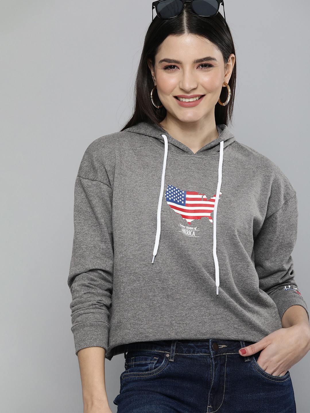

HERE&NOW Women Charcoal Grey Printed Hooded Cropped Sweatshirt