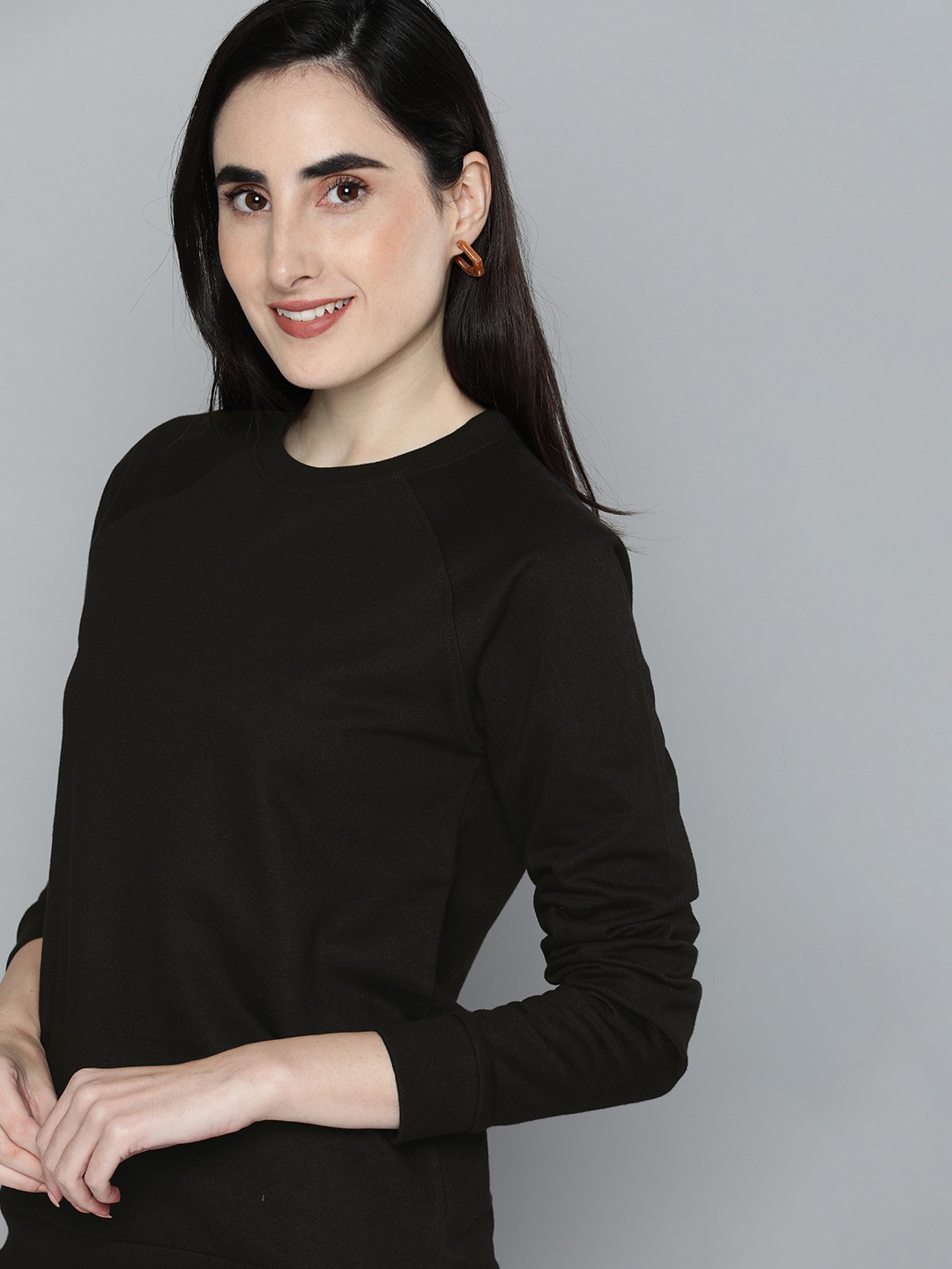 

HERE&NOW Women Black Solid Round-Neck Pure Cotton Pullover Sweatshirt
