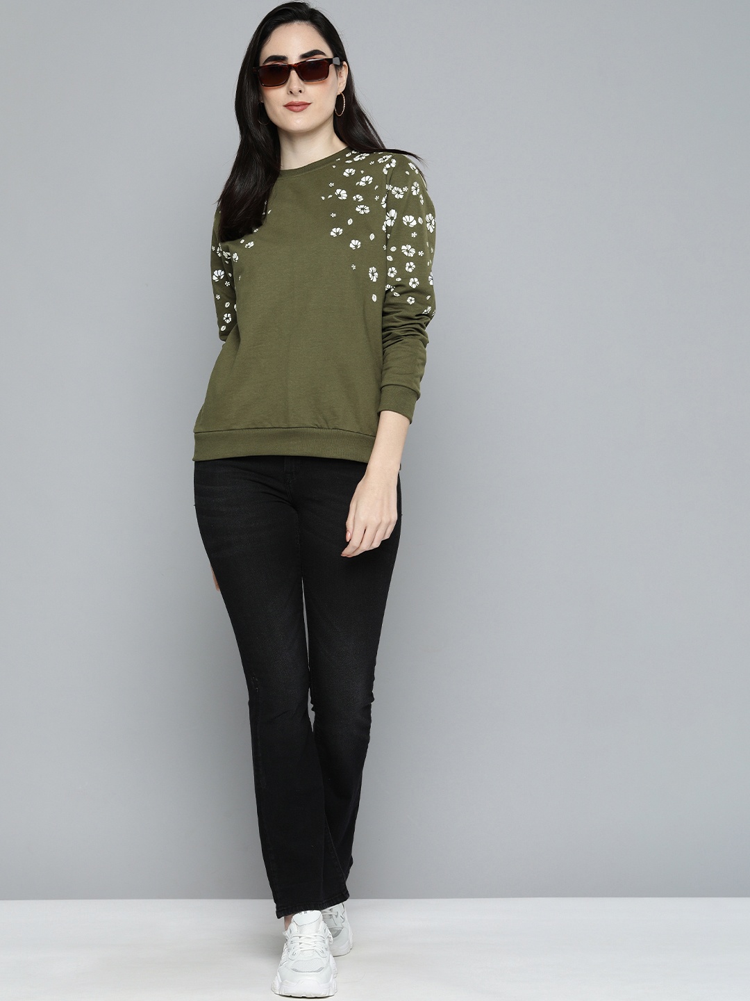 

HERE&NOW Women Olive Green Floral Printed Sweatshirt