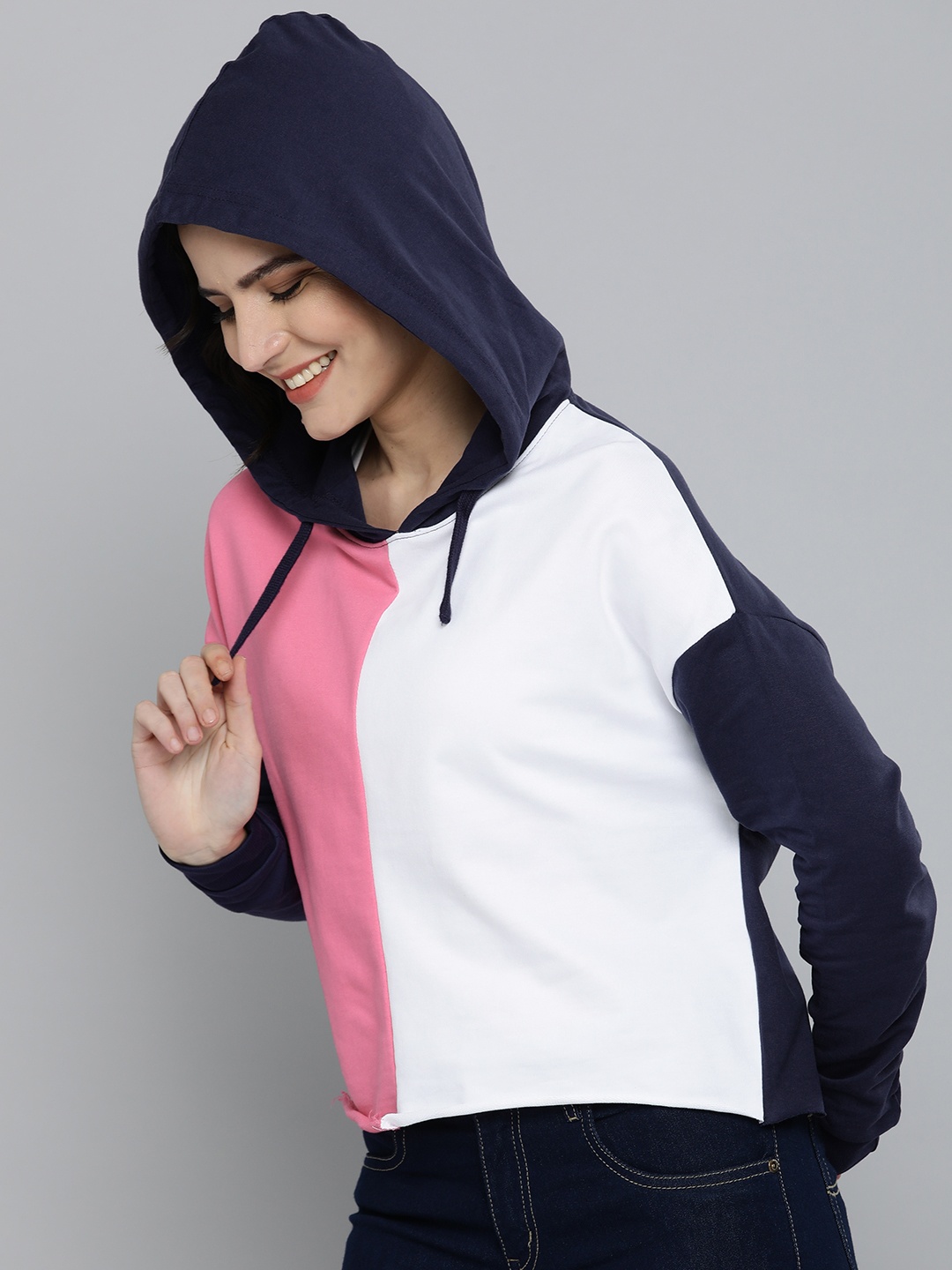 

HERE&NOW Women Pink Colourblocked Printed Hooded Sweatshirt