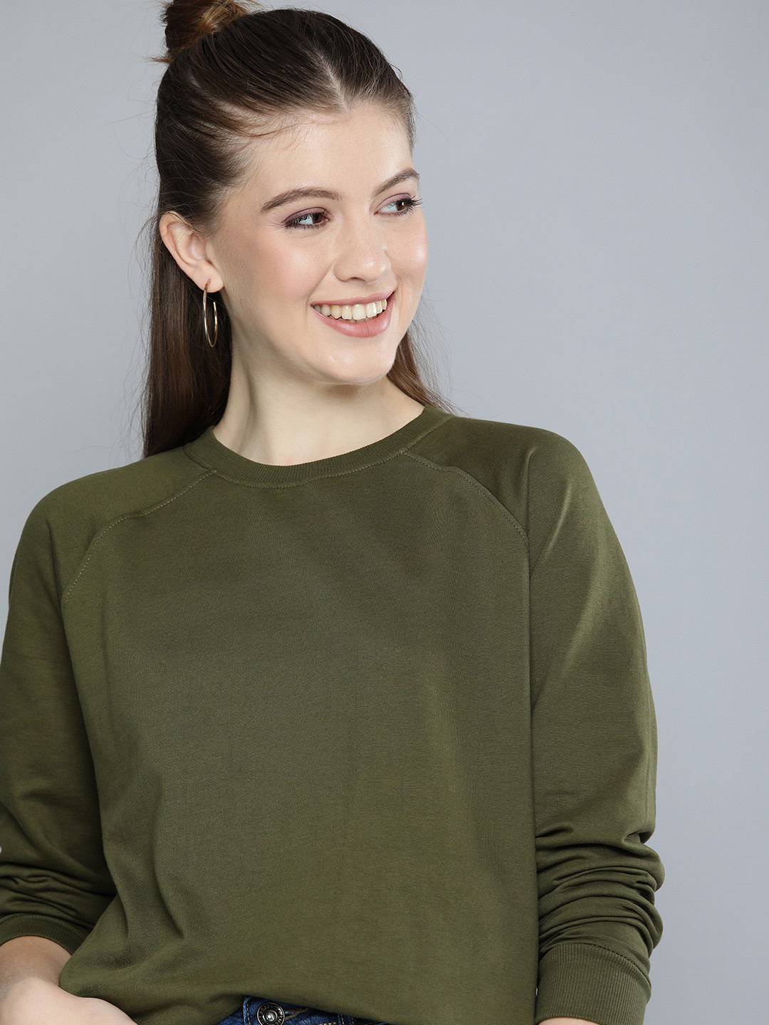 

HERE&NOW Women Olive Green Raglan Sleeves Sweatshirt