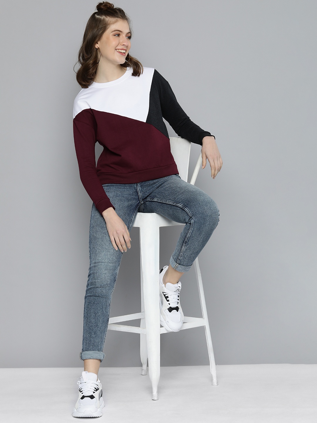 

HERE&NOW Women Maroon & White Colourblocked Round Neck Pure Cotton Sweatshirt