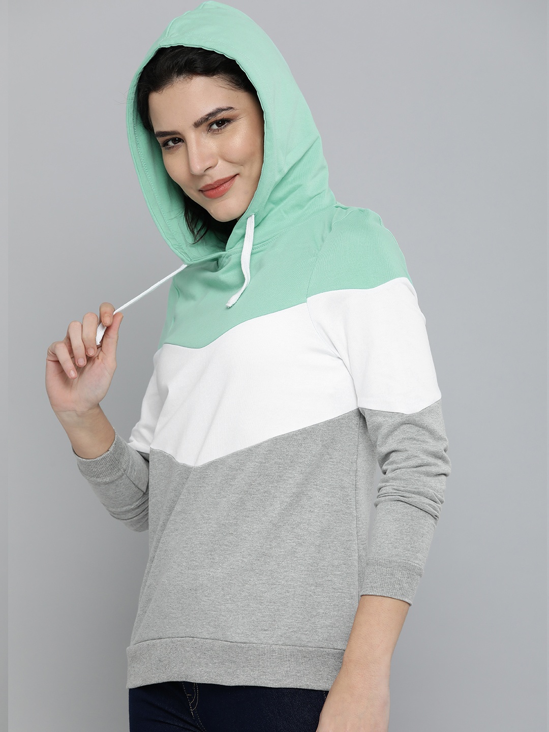 

HERE&NOW Women Turquoise Blue Conversational Printed Hooded Sweatshirt