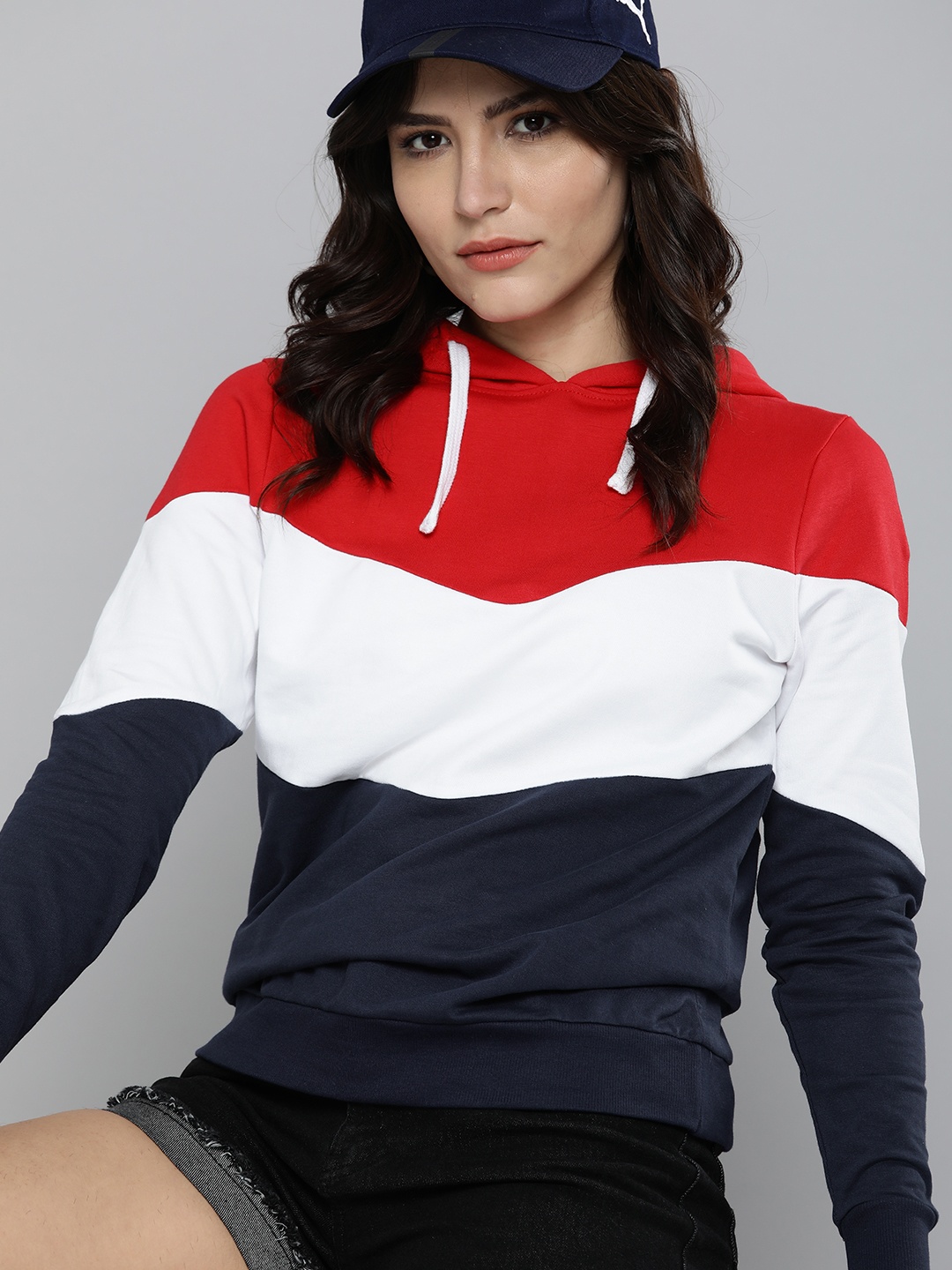 

HERE&NOW Women Red Colourblocked Printed Hooded Sweatshirt