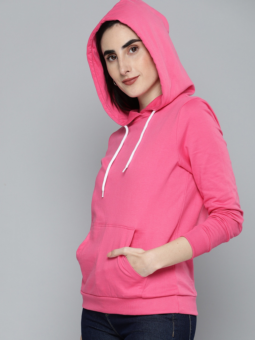 

HERE&NOW Women Fuchsia Pink Solid Pure Cotton Hooded Pullover Sweatshirt