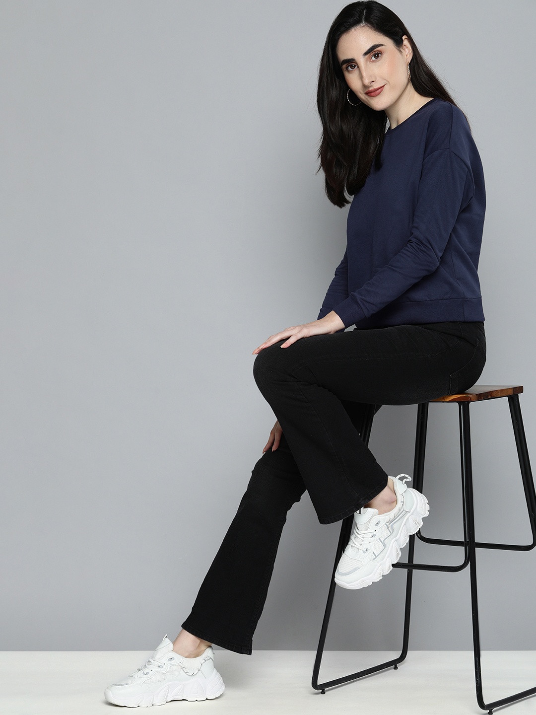 

HERE&NOW Women Navy Blue Solid Drop Shoulder Sweatshirt