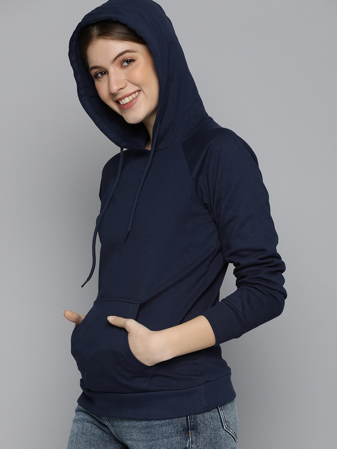 

HERE&NOW Women Navy Blue Solid Hooded Sweatshirt