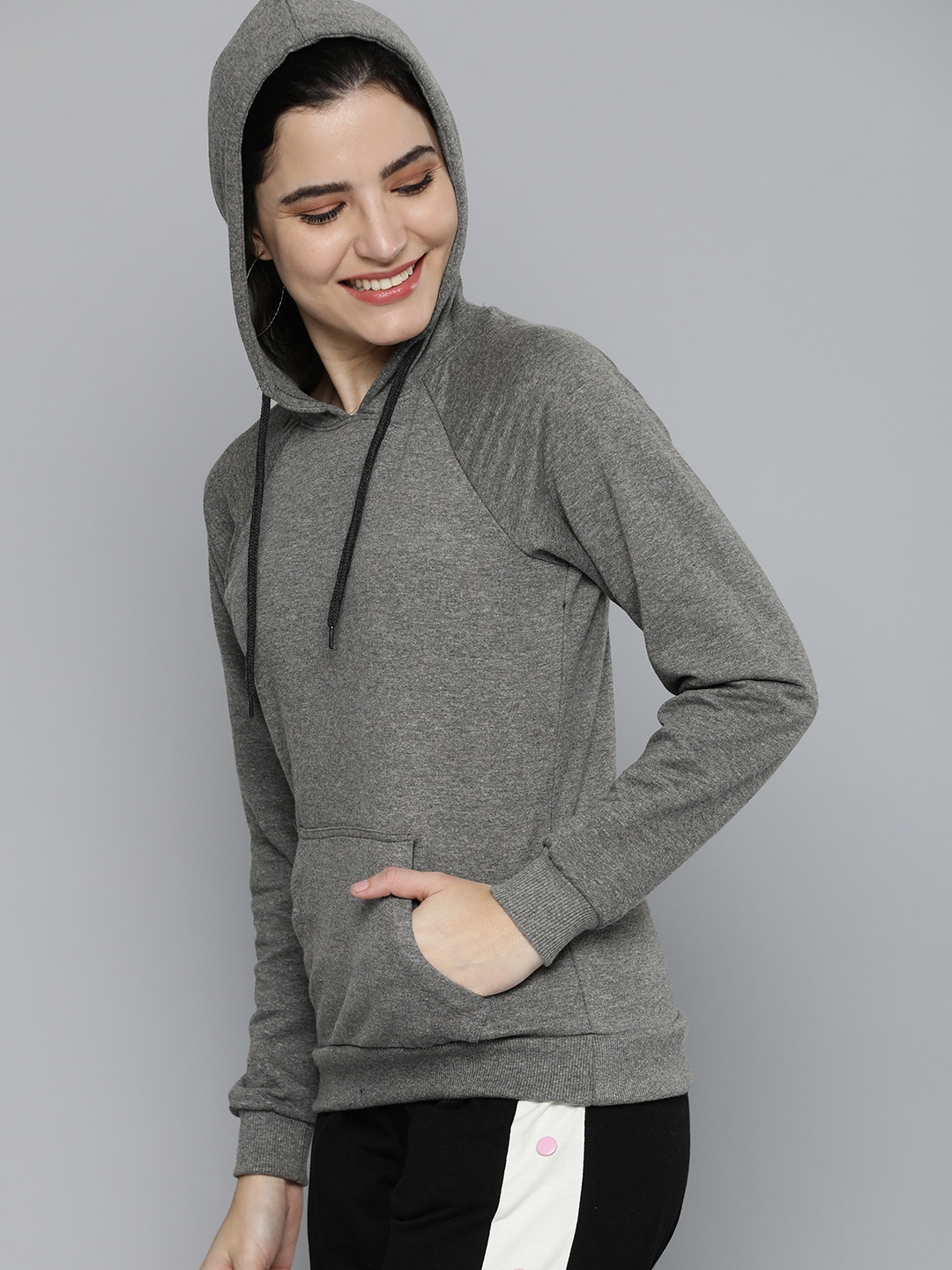 

HERE&NOW Women Grey Solid Hooded Sweatshirt